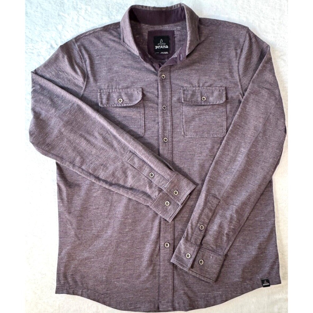 PrAna Pacer Button Up Shirt Mens Med Purple Micro Stripe Long Sleeve Athleisure